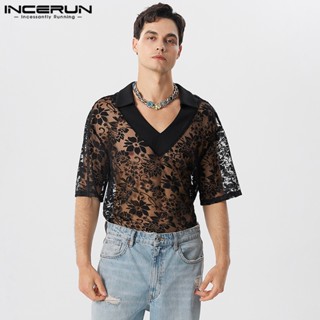 Incerun เสื้อโปโล คอวี ผ้าตาข่าย แต่งลูกไม้