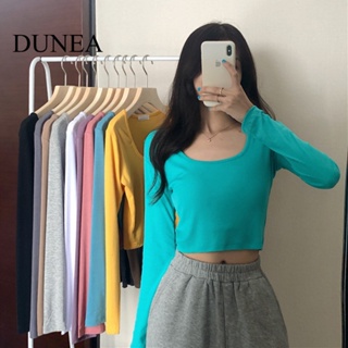 Dunea เสื้อครอป คอกลม แขนสั้น แบบเข้ารูป สําหรับผู้หญิง