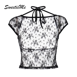 Sweeticme ใหม่ เสื้อยืดครอป แขนสั้น เปิดหลัง เซ็กซี่ เข้ารูป สีพื้น แฟชั่นสําหรับสตรี 2023