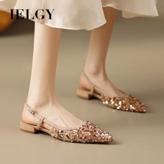 IELGY รองเท้าแตะส้นแบน หัวแหลม ประดับเลื่อม สไตล์เกาหลี สําหรับผู้หญิง