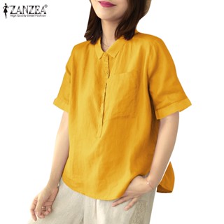 Zanzea เสื้อเชิ้ตแขนสั้นลําลอง คอปก สีพื้น สไตล์เกาหลี สําหรับผู้หญิง