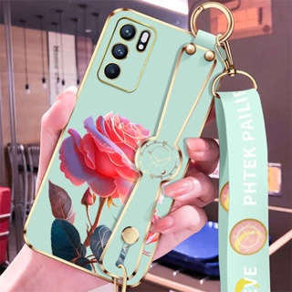 เคสโทรศัพท์มือถือ ลายดอกกุหลาบ พร้อมสายคล้องมือ และขาตั้ง สําหรับ OPPO A17 A9 A5 2020 A11X A16K A16E A17K A53 A33 A32 A36 A76 A96 A52 A72 A92