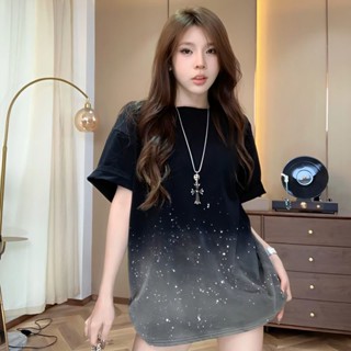Black gradient Chao brand short-sleeved t-shirt female Xia Zheng shoulder design sense niche missing tie-dyed blouse ins