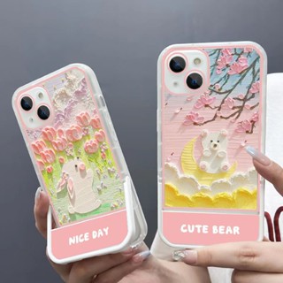 ใหม่ เคสโทรศัพท์มือถือ ลายภาพวาดสีน้ํามัน รูปกระต่าย ดอกไม้จิ๋ว พร้อมขาตั้ง สําหรับ Apple Iphone 13pro 14Promax