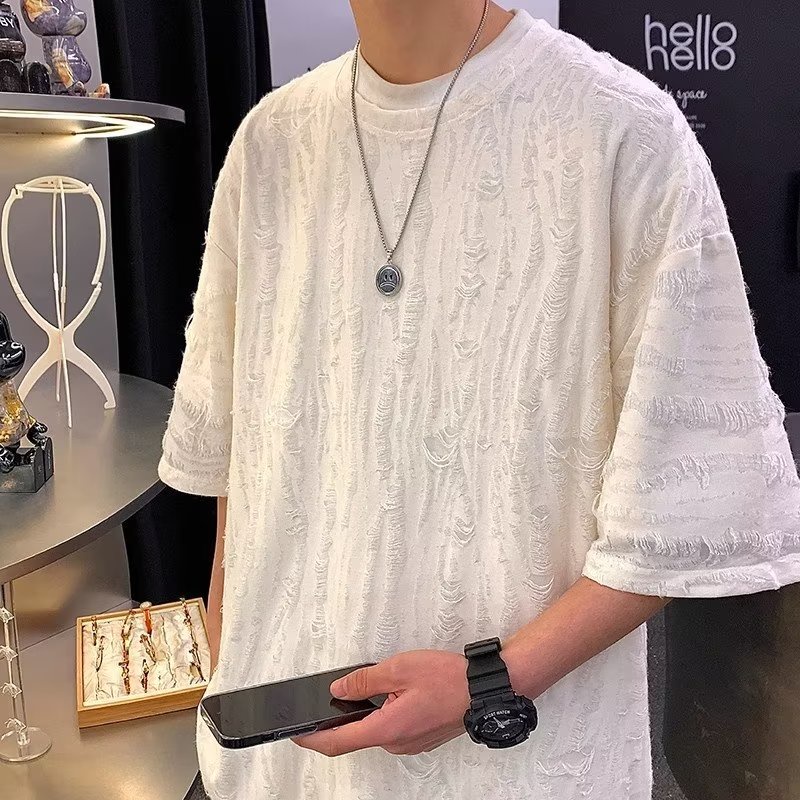 เสื้อยืดแขนสั้น ผ้าฝ้ายแท้ ทรงหลวม ลายฉีกขาด สไตล์อเมริกัน สตรีท เหมาะกับฤดูร้อน สําหรับผู้ชาย