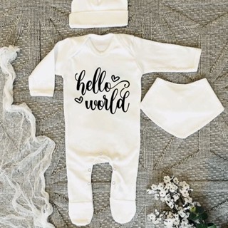 Hello World Babygrow ชุดนอนเด็กทารก ชุดนอนเด็กทารก มาที่บ้าน เสื้อผ้า ของขวัญเด็กแรกเกิด