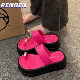 RENBEN แฟรี่สไตล์ด้านล่างหนาสแควร์นิ้วเท้า Rhinestone Flip-Flop ด้านนอกสวมรองเท้าแตะขนาดเล็กความรู้สึกสูง