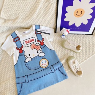 ชุดเดรสเสื้อยืดแขนสั้น พิมพ์ลายการ์ตูน Hello Kitty น่ารัก แฟชั่นฤดูร้อน สําหรับเด็กผู้หญิง