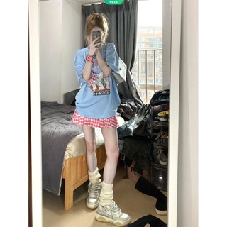ใหม่ เสื้อยืดแขนสั้น ผ้าฝ้าย สีฟ้าอ่อน สไตล์วินเทจ อเมริกัน แฟชั่นฤดูร้อน สําหรับผู้หญิง นักเรียน Y2k 2023