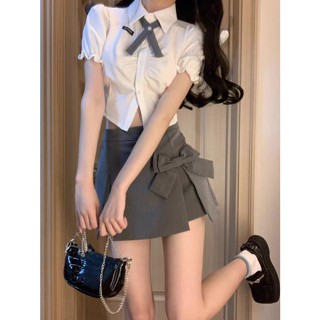 Xiaoxiang ชุดเสื้อเชิ้ตแขนสั้น และกระโปรงสั้น ทรงเอ แต่งโบว์ สองชิ้น สําหรับผู้หญิง