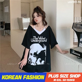 Plus size เสื้อผ้าสาวอวบ❤ เสื้อยืดสาวอวบอ้วน ไซส์ใหญ่ ผู้หญิง เสื้อยืด oversize ทรงหลวม แขนสั้น คอวี พิมพ์ ฤดูร้อน สไตล์เกาหลีแฟชั่น