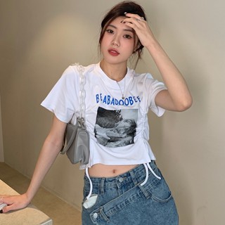 Suxi เสื้อยืดครอปท็อป คอกลม แขนสั้น ผ้าฝ้าย พิมพ์ลายตัวอักษร ทรงสลิมฟิต แฟชั่นฤดูร้อน