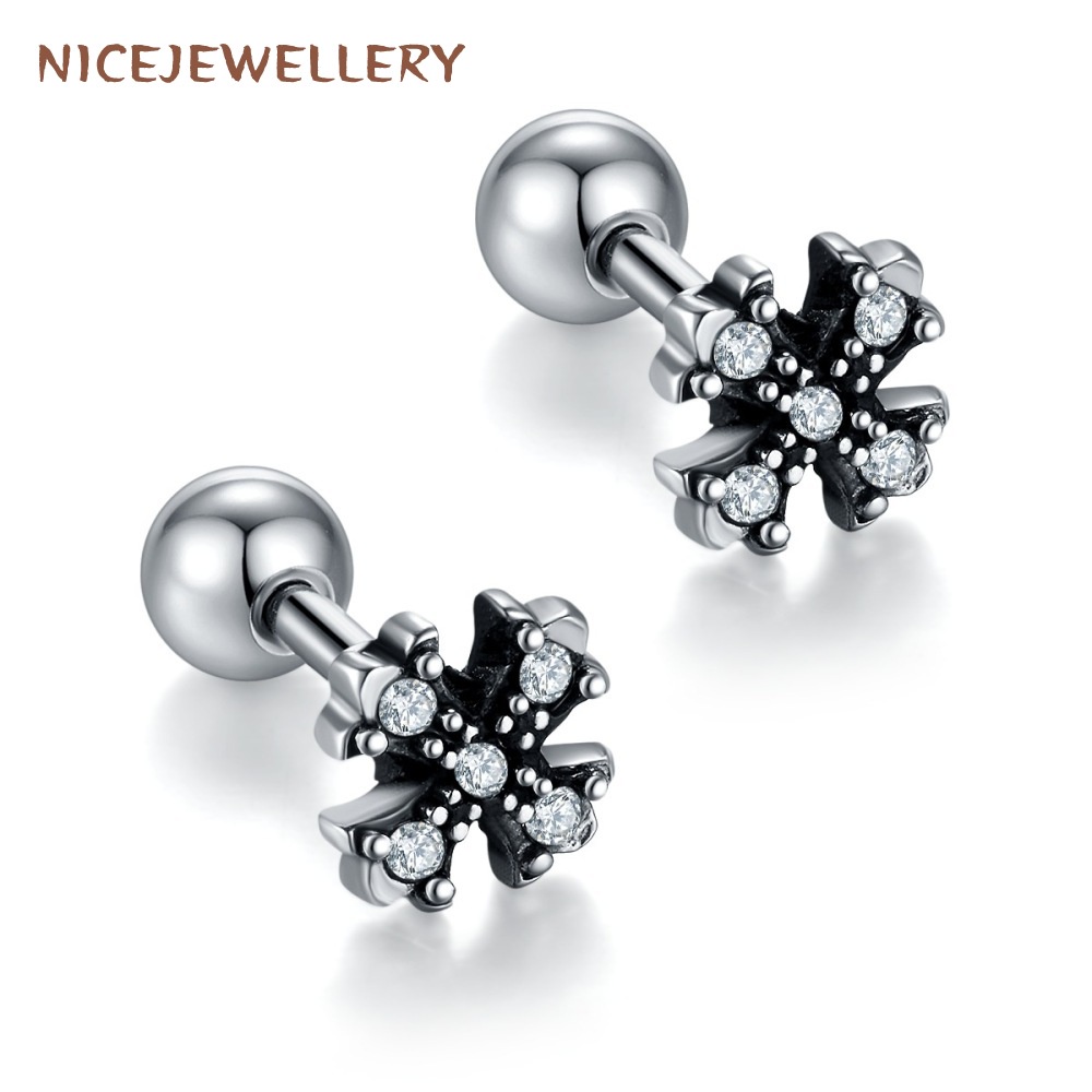 1pc Clover Ear Studs Gothic สแตนเลสสตั๊ดต่างหู Silver Helix Earlobe เจาะ