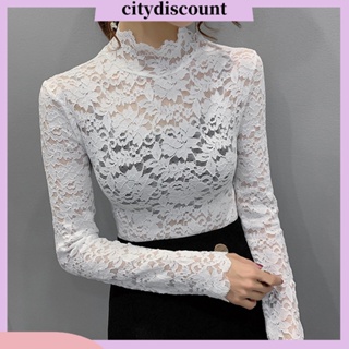 &lt;citydiscount&gt; เสื้อยืดแขนยาว คอเต่า พิมพ์ลายดอกไม้ ลูกไม้ แบบเข้ารูป หรูหรา สําหรับผู้หญิง