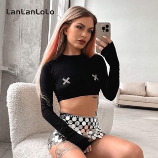 Lanlanlolo เสื้อยืดลําลอง แขนยาว คอกลม เข้ารูป ประดับเพชร สีพื้น สําหรับสตรี 2023