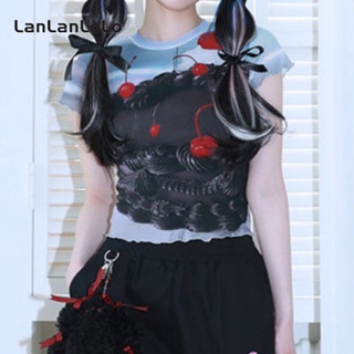 Lanlanlolo เสื้อยืดลําลอง คอกลม แขนสั้น เข้ารูป พิมพ์ลาย สําหรับสตรี 2023