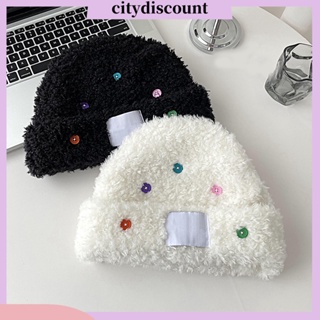 &lt;citydiscount&gt; หมวกบีนนี่ ผ้าถัก แบบหนา แต่งกระดุม หลากสีสัน แฟชั่นฤดูใบไม้ร่วง ฤดูหนาว สําหรับผู้หญิง