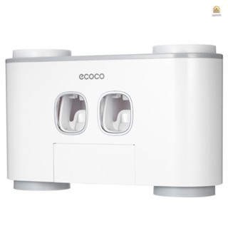 ecoco Automatic Squeeze Toothpaste Set Wall-Mounted  Holder with 2 Toothpaste Dispensers 4 Cups and 5  Slots Toiletries Storage Rack Gray