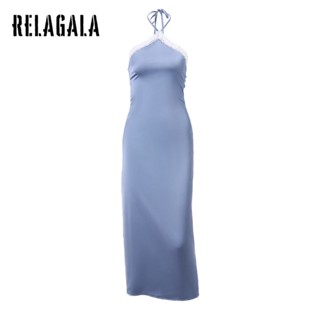 Relagala ใหม่ ชุดเดรสลําลอง ผ้าซาติน แต่งจับจีบ แต่งลูกไม้ สีพื้น เซ็กซี่ แฟชั่นสําหรับสตรี 2023