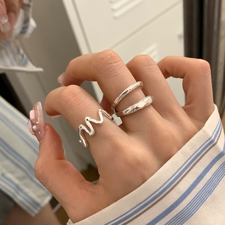 แหวนโลหะ แบบเปิด รูปคลื่น สไตล์เกาหลีเรโทร สําหรับผู้หญิง