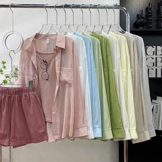 [พร้อมส่ง] Tencel เสื้อเชิ้ตแขนยาวลําลอง ผ้าลินิน ระบายอากาศ ทรงหลวม สองชิ้น สําหรับผู้หญิง