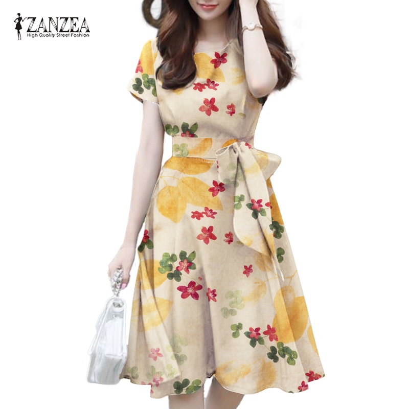Zanzea ชุดเดรส คอกลม แขนสั้น พิมพ์ลายดอกไม้ เข็มขัดถอดได้ สไตล์เกาหลี สําหรับผู้หญิง