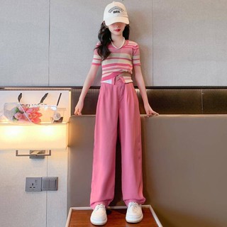 (พร้อมส่ง)  ชุดเด็ก ชุดชมพูเสื้อลายขวาง+กางเกงขายาว น่ารักมาก