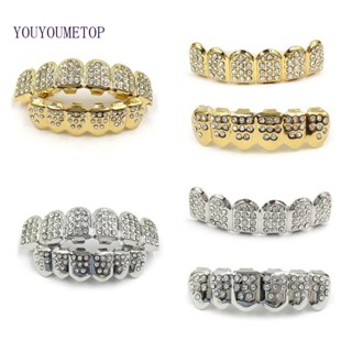 Youyo เครื่องประดับแฟชั่น HIPHOP Tooth Gold Silver Teeth Top Bottom with Diamonds Top Grill Bling Jewellery สําหรับผู้ชาย ผู้หญิง