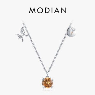 Modian สร้อยคอโซ่เงินแท้ 925 จี้เพทาย ทรงกลม สีแชมเปญ คลาสสิก เครื่องประดับ สําหรับผู้หญิง ครบรอบ