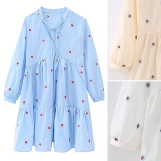 Zara 23 ชุดเดรสแขนยาว คอวี ปักลายดอกไม้ ประดับไข่มุก แฟชั่นฤดูร้อน