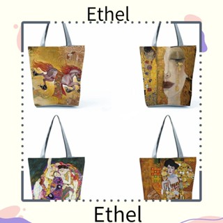 Ethel1 กระเป๋าถือ ผ้าลินิน ลายภาพวาดสีน้ํามัน Gustav Klimt แฟชั่นสําหรับผู้หญิง