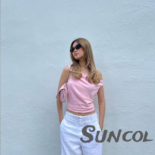 Suncol- เสื้อกล้ามลําลอง เปิดไหล่ข้างเดียว สีพื้น แฟชั่นฤดูร้อน สําหรับผู้หญิง