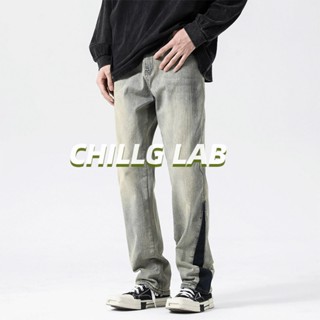 CHILLG LAB สไตล์อเมริกัน ไฮสตรีท ย้อมโคลนสีเหลือง เข้าชุดกัน ทรงตรง ไซส์ใหญ่ แนวสตรีท กางเกงยีนส์ยางยืด ผู้ชายและผู้หญิง ดูผอมอินเทรนด์