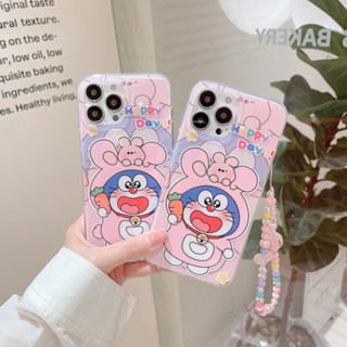 เคสโทรศัพท์มือถือแบบแข็ง ลายโดเรม่อน สีชมพู พร้อมสายโซ่คล้อง สําหรับ IPhone 11 12 12Pro 12ProMax 13 13Pro 13ProMax 14 14Pro 14ProMax