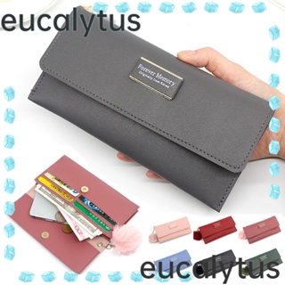 Eucalytus1 กระเป๋าสตางค์ หนัง PU ใบยาว จุของได้เยอะ สีพื้น เรียบง่าย สําหรับใส่บัตรรถบัส เหรียญ