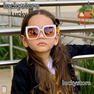 Lucky แว่นตากันแดด ทรงสี่เหลี่ยม ประดับคริสตัล พลอยเทียม แวววาว สไตล์เรโทร สําหรับเด็ก ชายหาด ท่องเที่ยว ปาร์ตี้