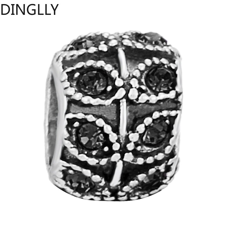 Dinglly สีเงิน โลหะผสม ลูกปัดสีดํา พลอยเทียม กลม ลูกปัดแยก เสน่ห์ เครื่องประดับ Diy ทําอุปกรณ์เสริม