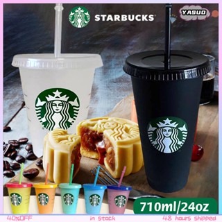 Starbucks ขวดน้ําเย็นใส พร้อมฝาปิด และหลอด ไร้ BPA ใช้ซ้ําได้