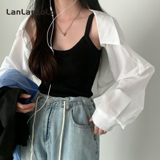 Lanlanlolo เสื้อเชิ้ตแขนยาว กันแดด คอปก ทรงหลวม สีพื้น แฟชั่นเรียบง่าย สําหรับผู้หญิง 2023