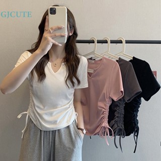 Gjcute เสื้อยืดแขนสั้นลําลอง คอวี สีพื้น เข้ากับทุกการแต่งกาย แฟชั่นฤดูร้อน สําหรับผู้หญิง WTD