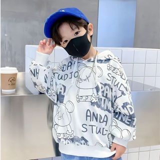 ✨【พร้อมส่ง】เสื้อแจ็กเก็ตกันหนาว แขนยาว มีฮู้ด ทรงหลวม พิมพ์ลายตัวอักษรหมี 1-12Y แฟชั่นฤดูใบไม้ผลิ และฤดูใบไม้ร่วง สไตล์เกาหลี สําหรับเด็กผู้ชาย