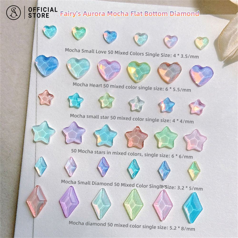 50 ชิ้น ดาว มอคค่าคริสตัล ตกแต่งเล็บ ด้านล่างแบนสีลูกอมมาการอง เครื่องประดับเล็บรูปเล็ก