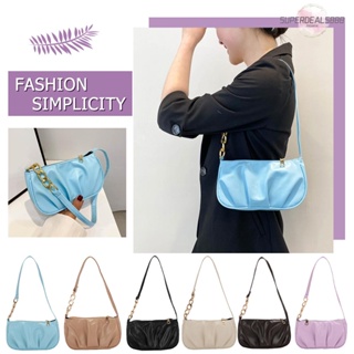 [SuperDeals888.th] กระเป๋าถือ กระเป๋าสะพายไหล่ ขนาดเล็ก แต่งสายโซ่จับจีบ สีพื้น สไตล์วินเทจ สําหรับสตรี