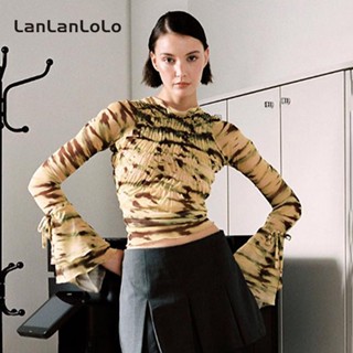 Lanlanlolo เสื้อท็อปแขนยาว คอกลม เข้ารูป พิมพ์ลาย สําหรับผู้หญิง 2023