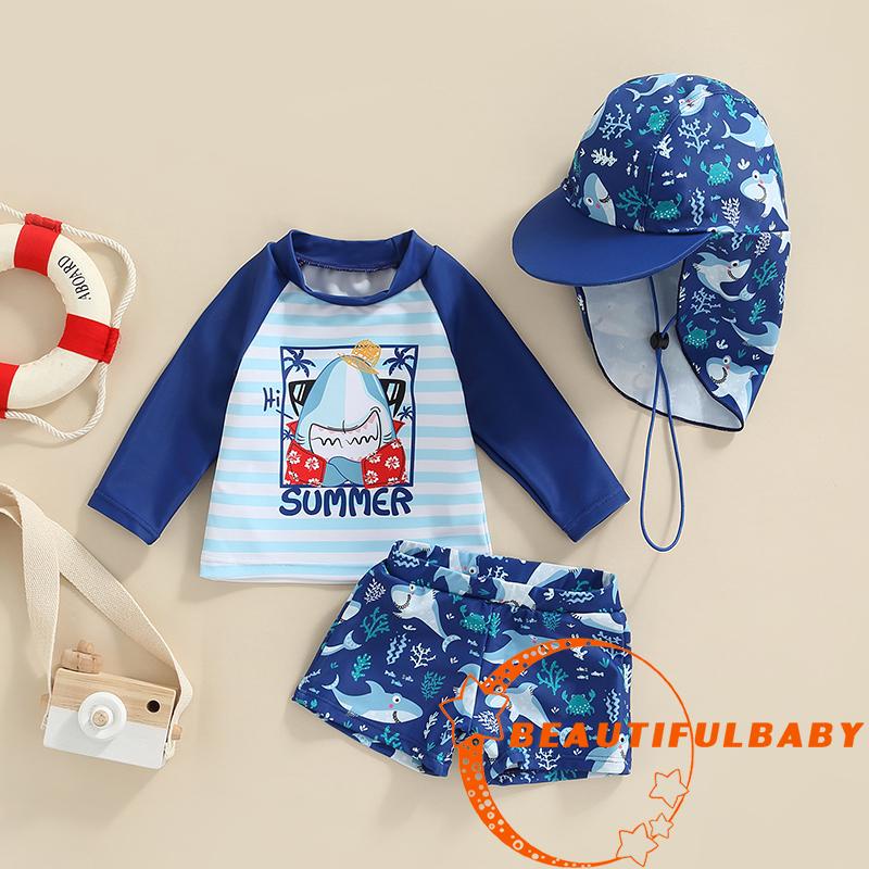Beauty-kid Boy ชุดว่ายน้ําการ์ตูนลาย Shark Print Summer Beach เสื้อแขนยาว + กางเกงขาสั้น + หมวก