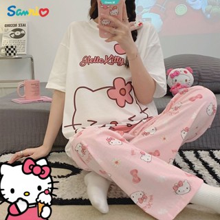 Sanrio Hello Kitty ชุดนอนเสื้อแขนสั้น และกางเกงลําลอง ทรงหลวม ลายการ์ตูนอนิเมะ Kawaii น่ารัก หวานแหวว แฟชั่นฤดูร้อน สําหรับผู้หญิง [GM]