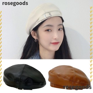 Rosegoods1 หมวกเบเร่ต์ หนัง PU ลําลอง กันแดด เรียบง่าย สไตล์เรโทร สําหรับผู้หญิง