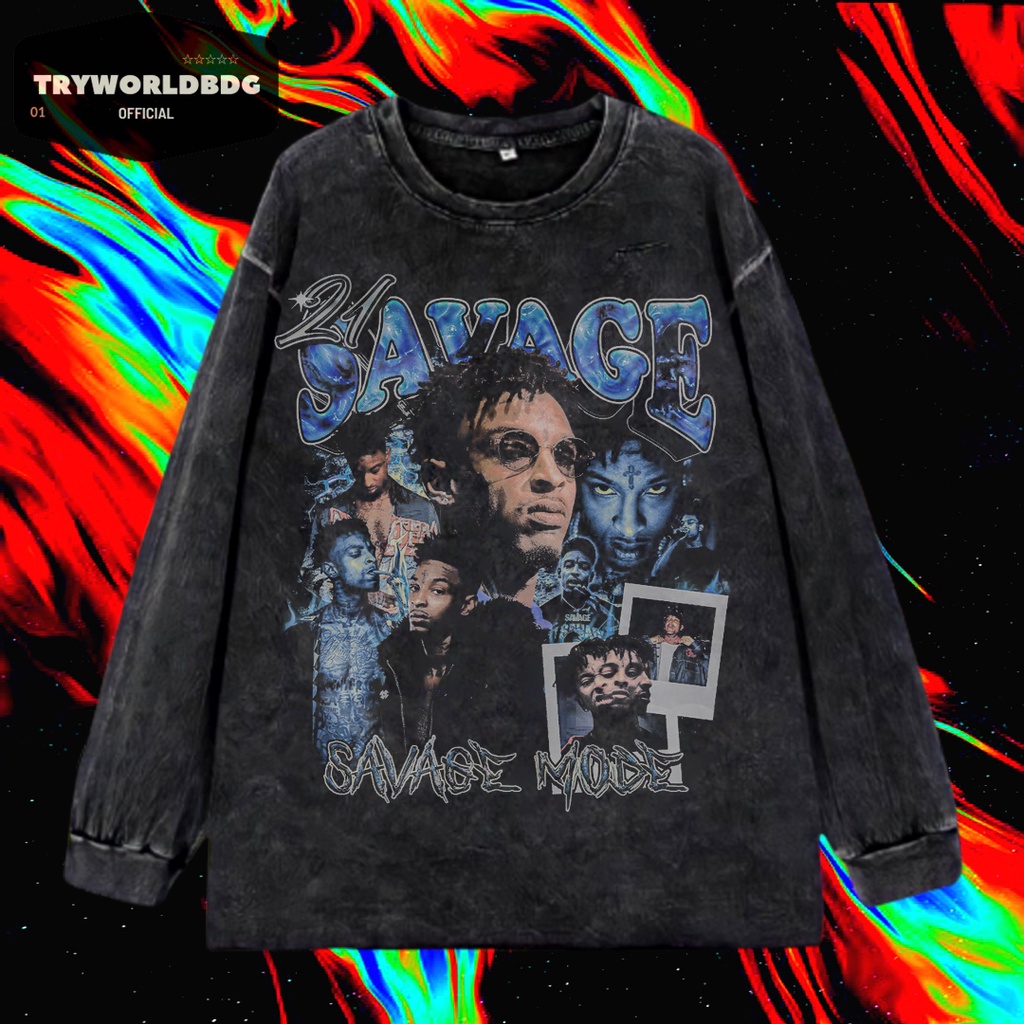 TRYWORLDG OFFICIAL "21 SAVAGE" แขนยาว | เสื้อยืด OVERSIZED | เสื้อยืด WASHED | ล้างหิน | เสื้อยืด OV