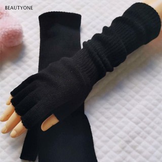 Topbeauty ถุงมือถัก แบบครึ่งนิ้ว สีดําล้วน สําหรับผู้หญิง