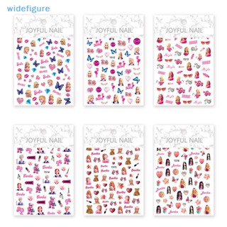 Widefigure สติกเกอร์ติดเล็บ รูปตุ๊กตาบาร์บี้น่ารัก สีชมพู สําหรับตกแต่งเล็บ DIY